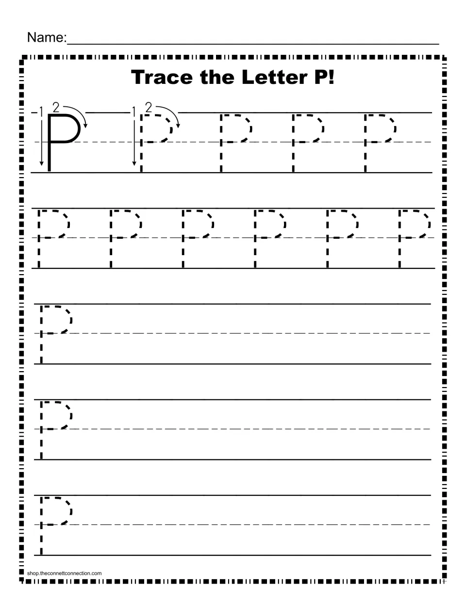 Uppercase P letter formation: a numbered stroke-order model, then dotted P to trace and rows to write P on their own