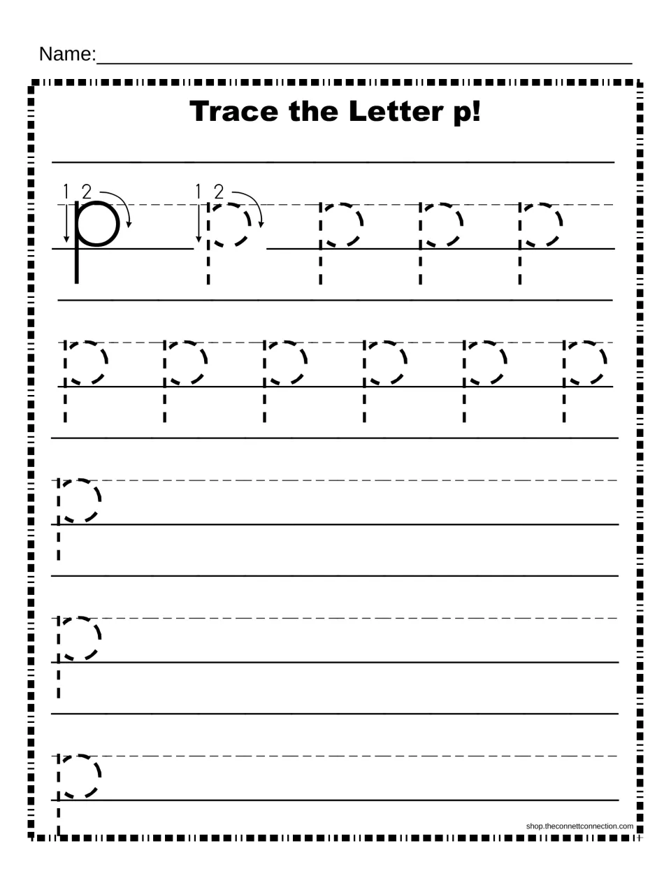 Lowercase p letter formation: numbered stroke-order model, dotted p to trace below the baseline, then rows to write p alone