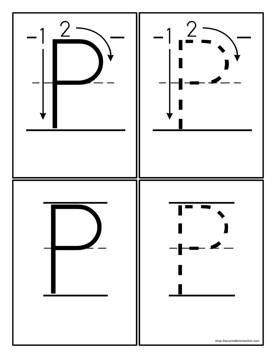 Uppercase P formation cards: solid and dotted capital P, two showing numbered stroke order with arrows, two without