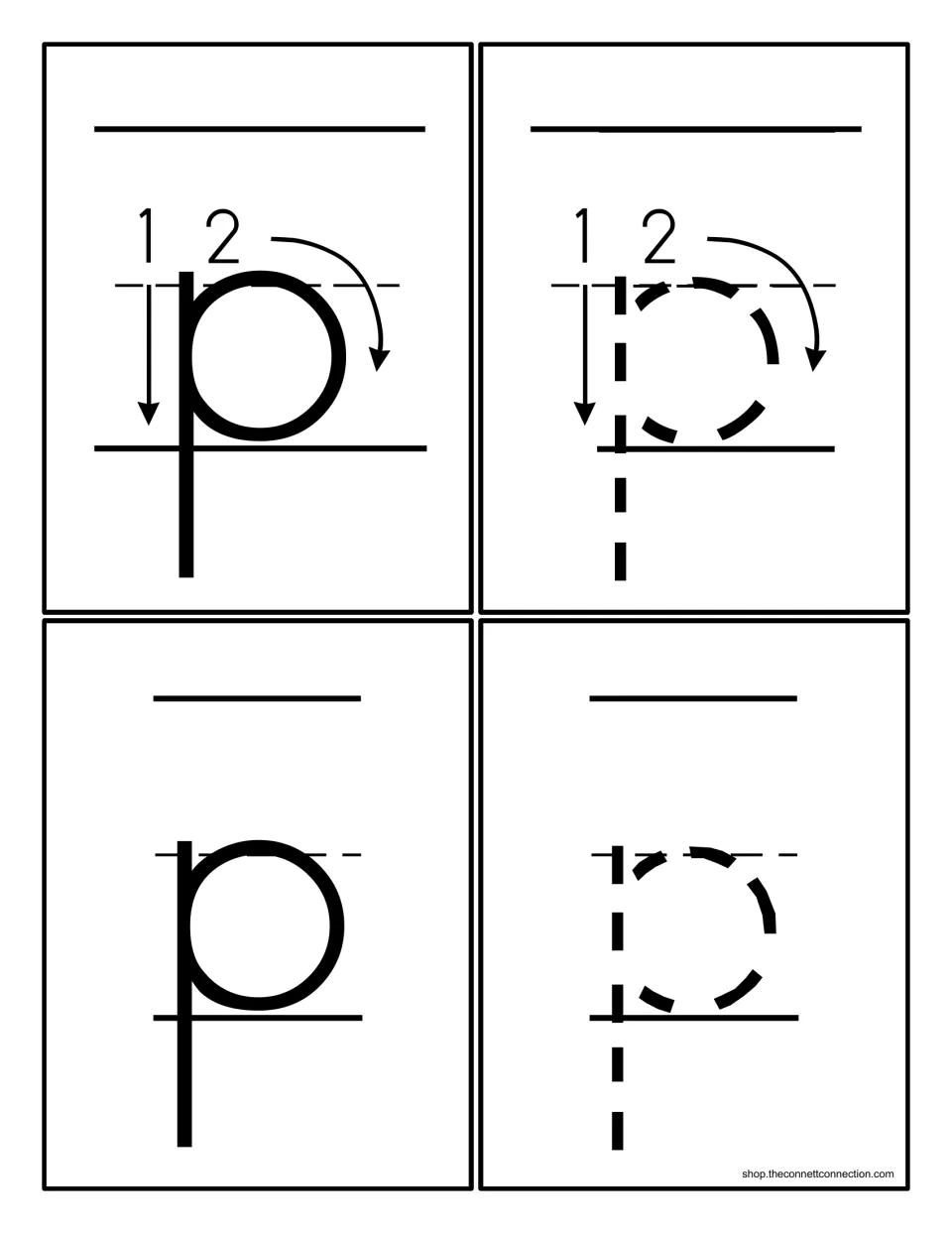 Lowercase p formation cards: solid and dotted small p, two showing numbered stroke order with arrows, two without