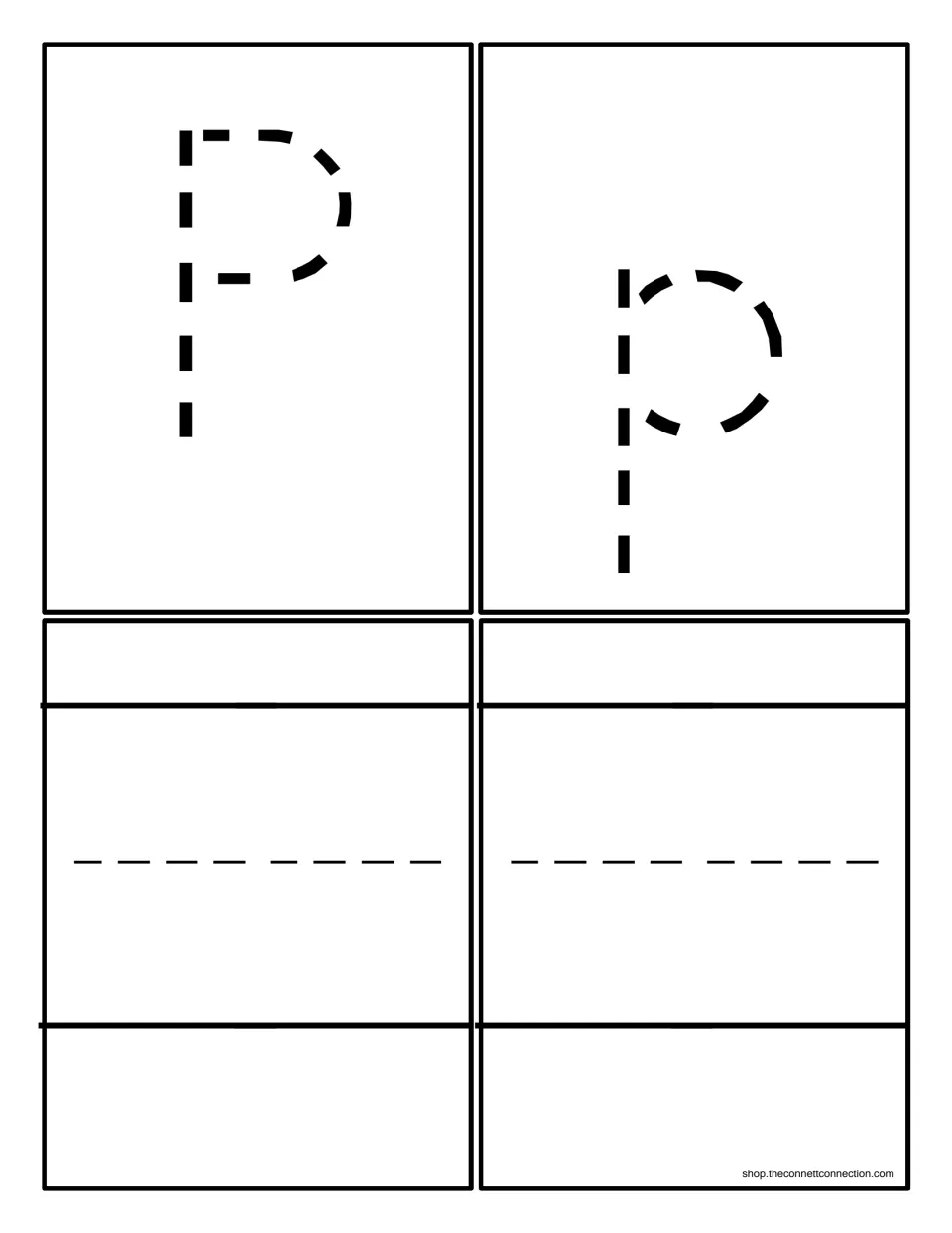 Letter P tracing cards: one dotted uppercase P, one dotted lowercase p and two blank cards for writing the letter freely