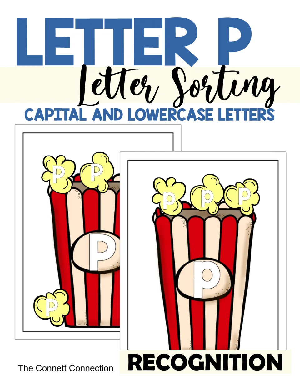 Cover for Letter P Letter Sorting: capital and lowercase letters, showing popcorn tubs labeled P and p with letter popcorn