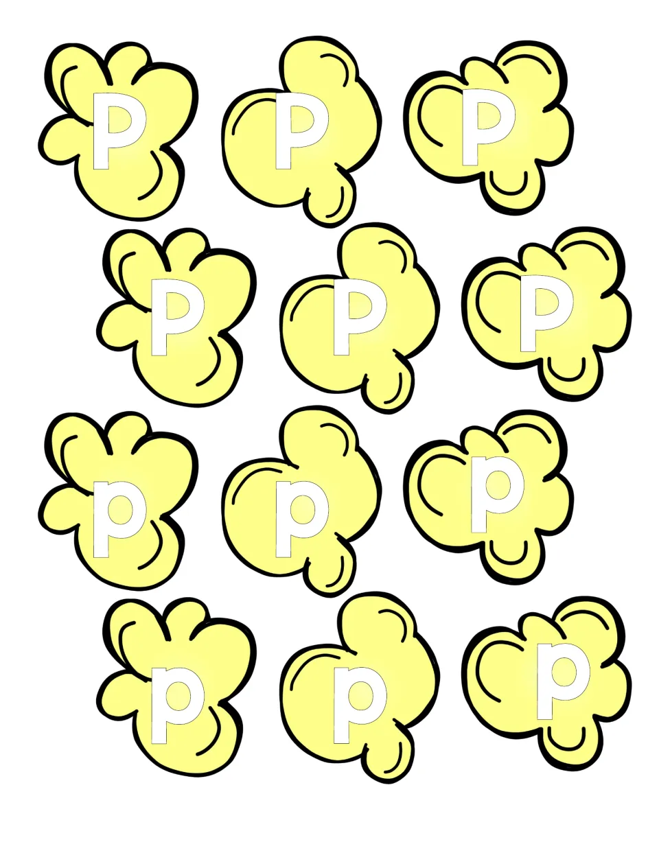 Letter P popcorn pieces to cut out: six kernels show capital P and six show lowercase p for students to sort onto tubs