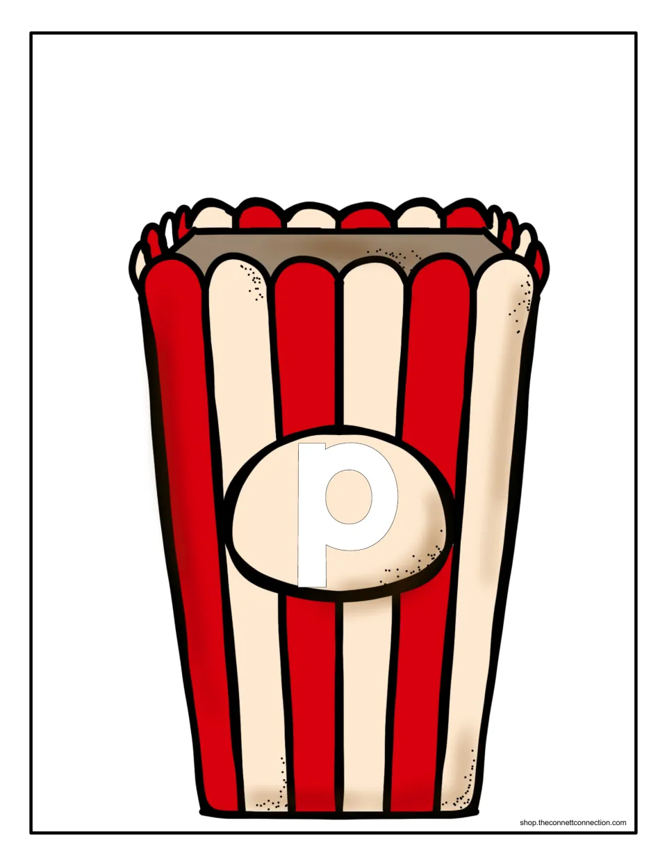 Lowercase p sorting mat: a striped popcorn tub marked p where students collect the lowercase p kernels they find