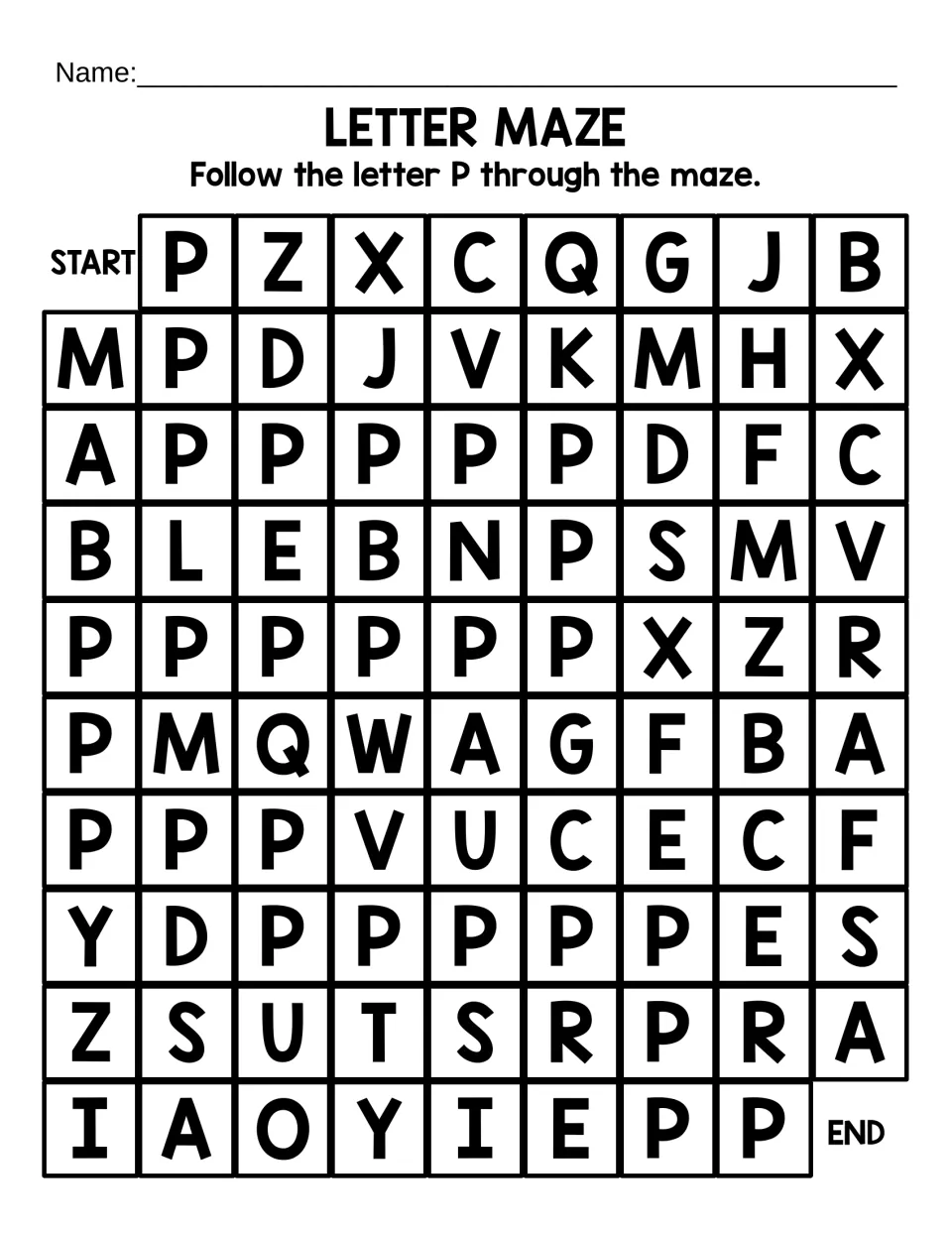 Capital P recognition maze: students follow the letter P from START to END through rows of mixed uppercase letters