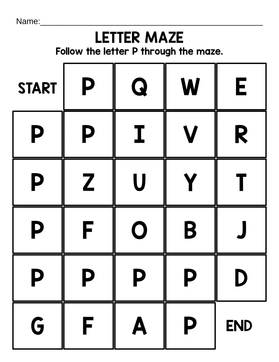 Large-print uppercase P maze: students trace a short path of capital P from START to END, passing letters like Q, W and F