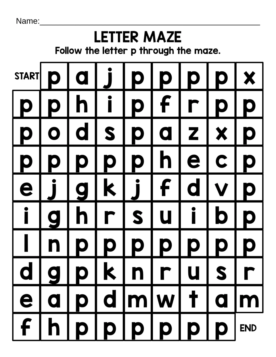 Lowercase p recognition maze: students follow a long winding path of p from START to END among mixed lowercase letters