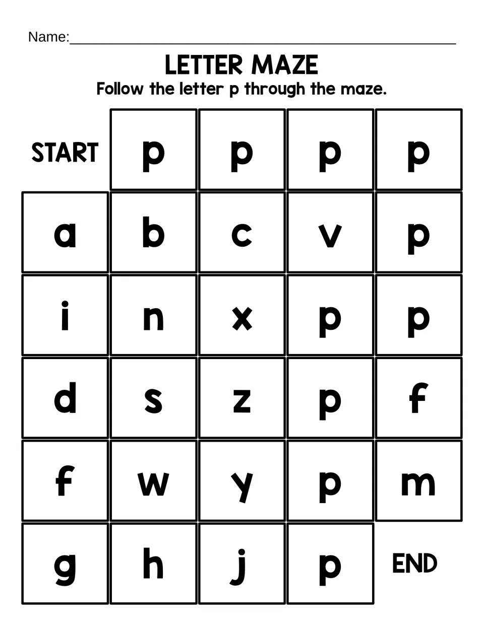 Large-print lowercase p maze: students follow a short path of p from START to END, skipping look-alikes such as b and d