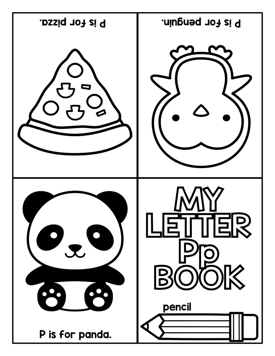 Letter Pp foldable book: students color a pencil cover and P is for panda, penguin and pizza pages, then fold it