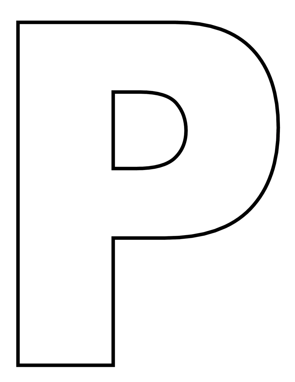 Uppercase P template in a straight-edged block font, left blank for students to colour, decorate and cut out for crafts