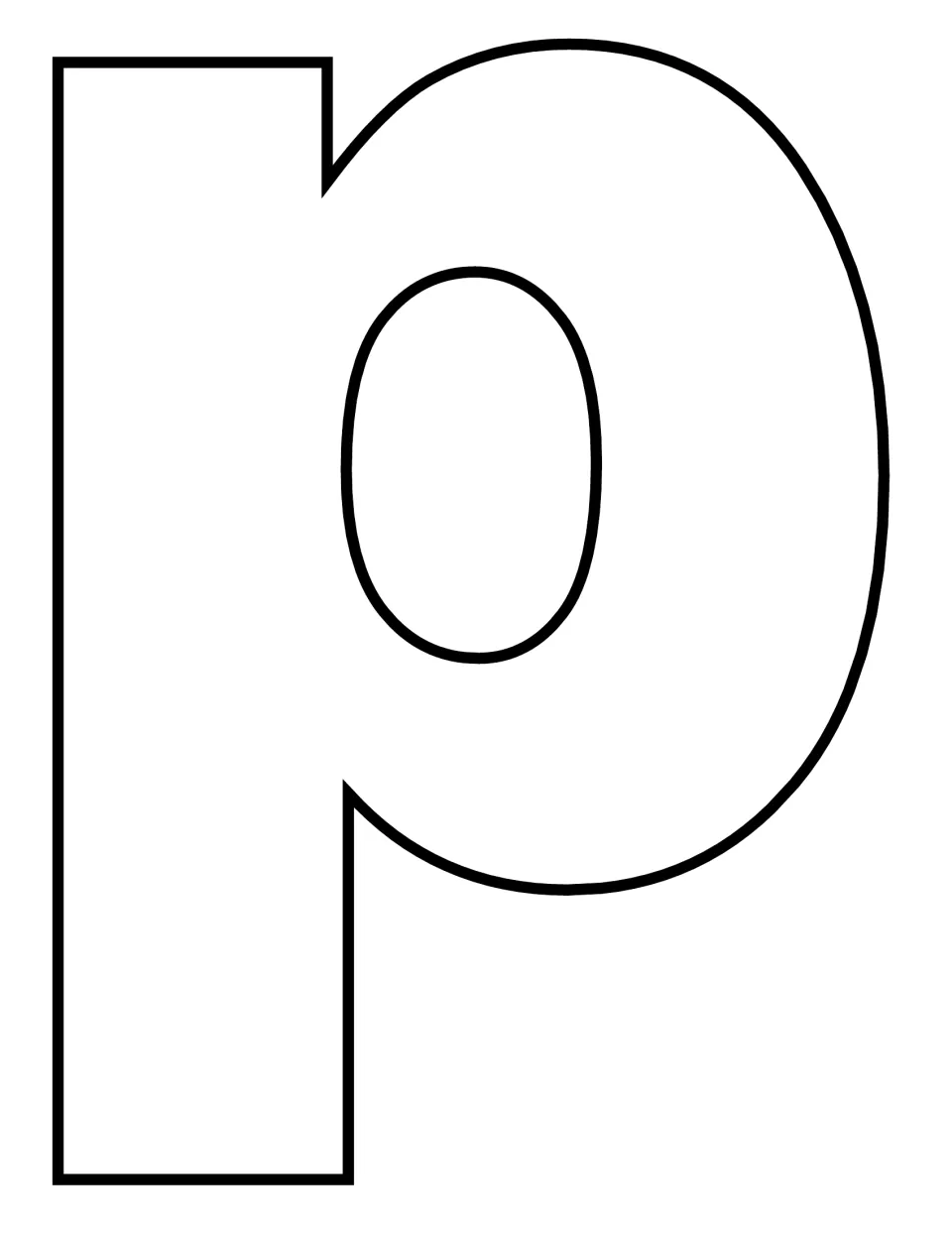 Lowercase p template with a tall stem and an oval bowl filling the page, blank for colouring, collage or cutting practice