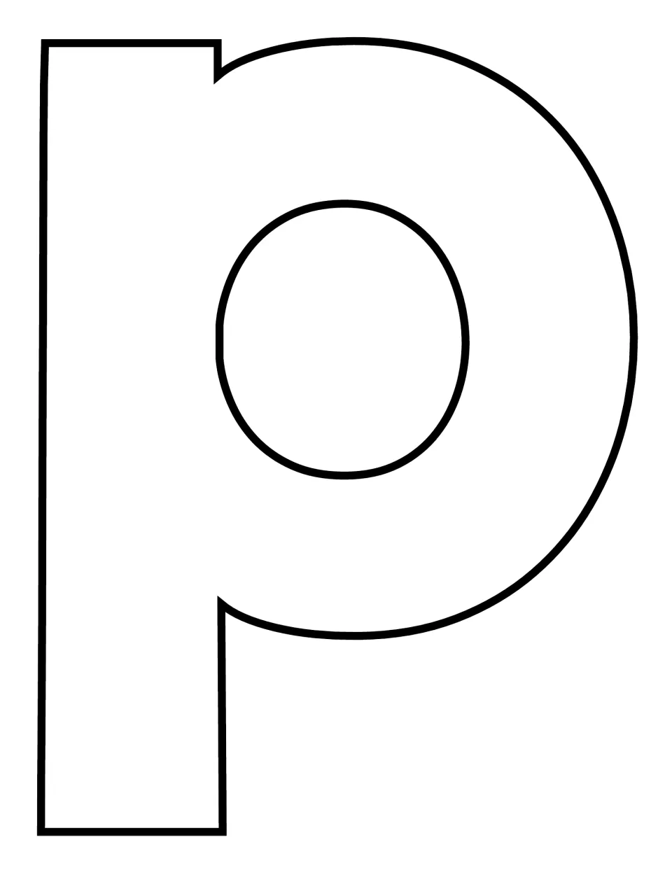 Lowercase p template in a rounded font with a circular bowl, full page and blank for students to fill with collage art