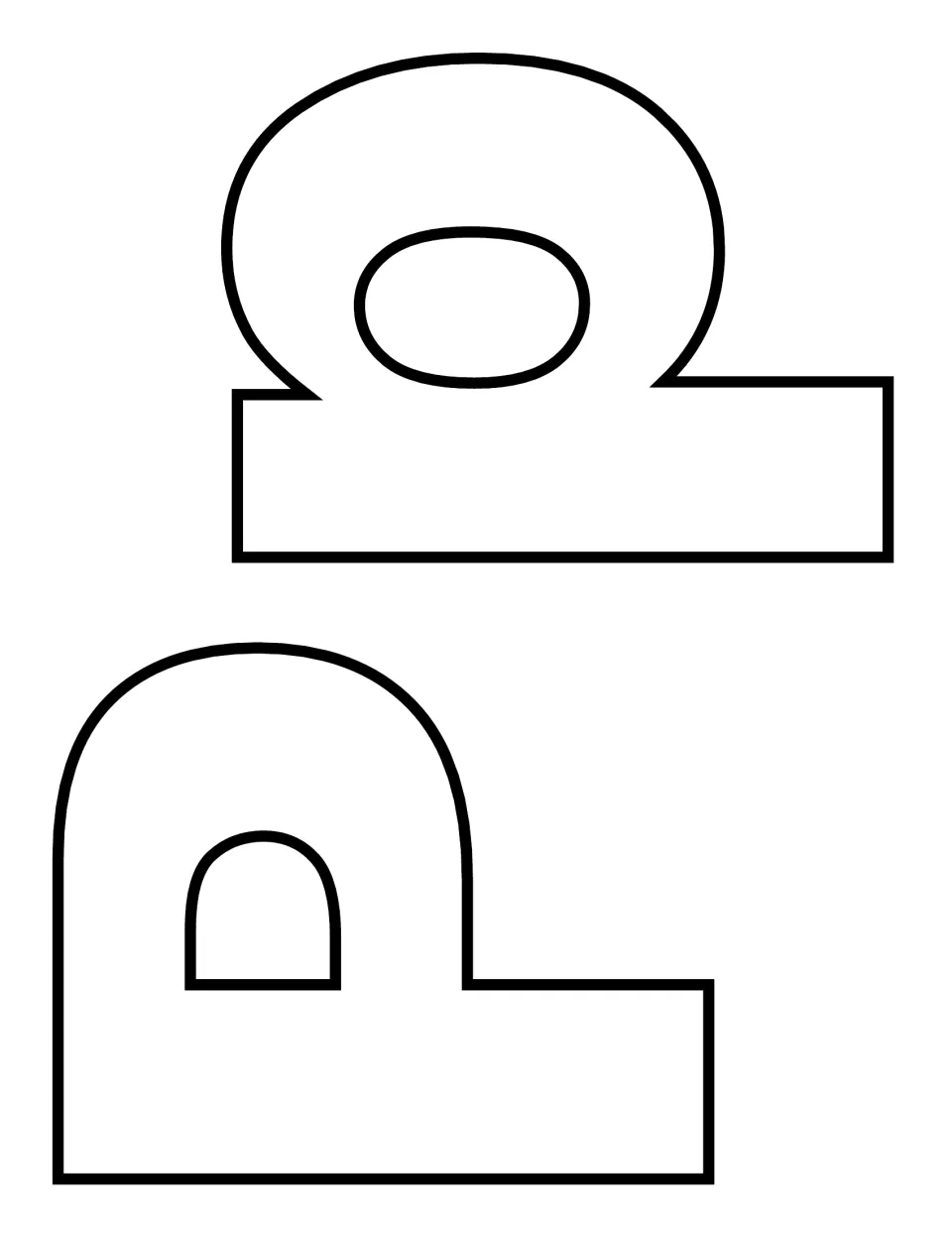 Uppercase and lowercase Pp pair on one page, both letters turned sideways and sized smaller for colouring and cutting