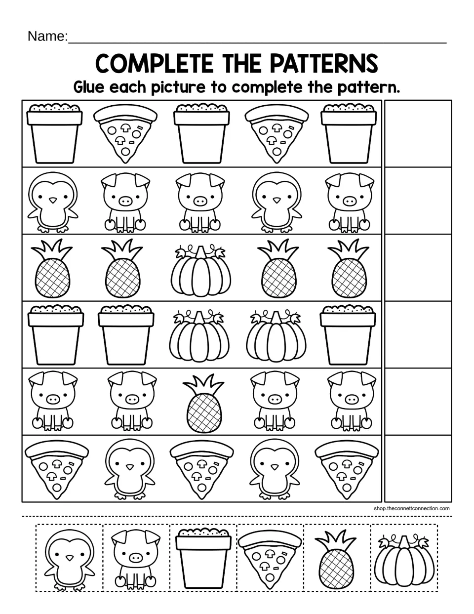 Complete the patterns: students cut out P pictures like pig, pizza, pot and pumpkin and glue the next one in each row