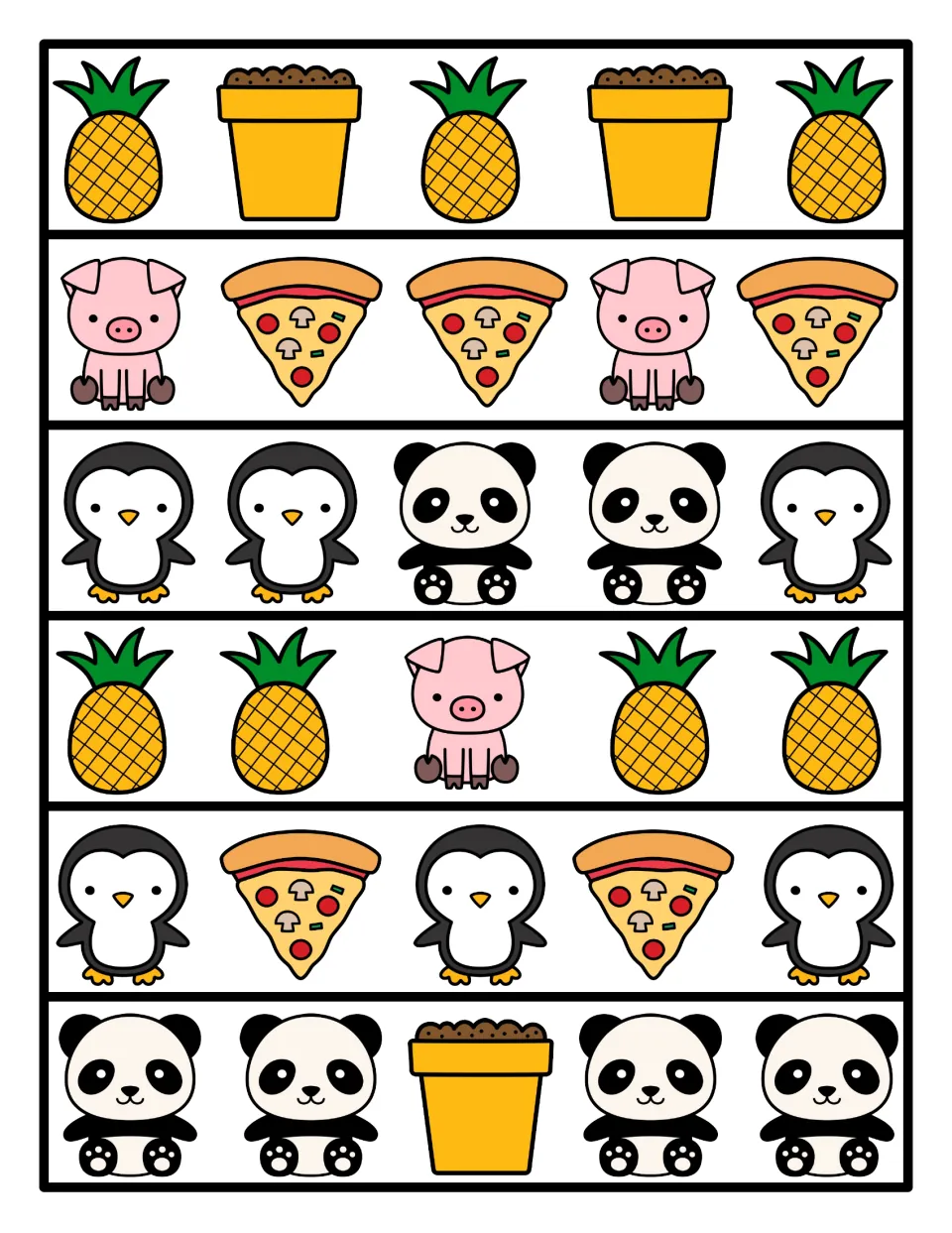 Color pattern strips: six rows of pineapple, pot, pig, pizza, penguin and panda pictures arranged in repeating patterns