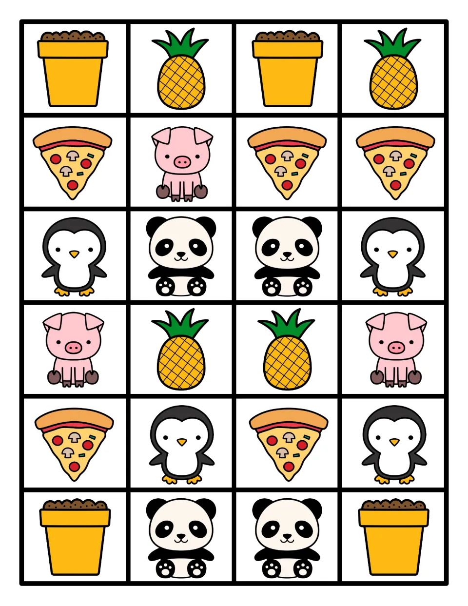 Picture cards: 24 color cards of pots, pineapples, pizza slices, pigs, penguins and pandas for building patterns