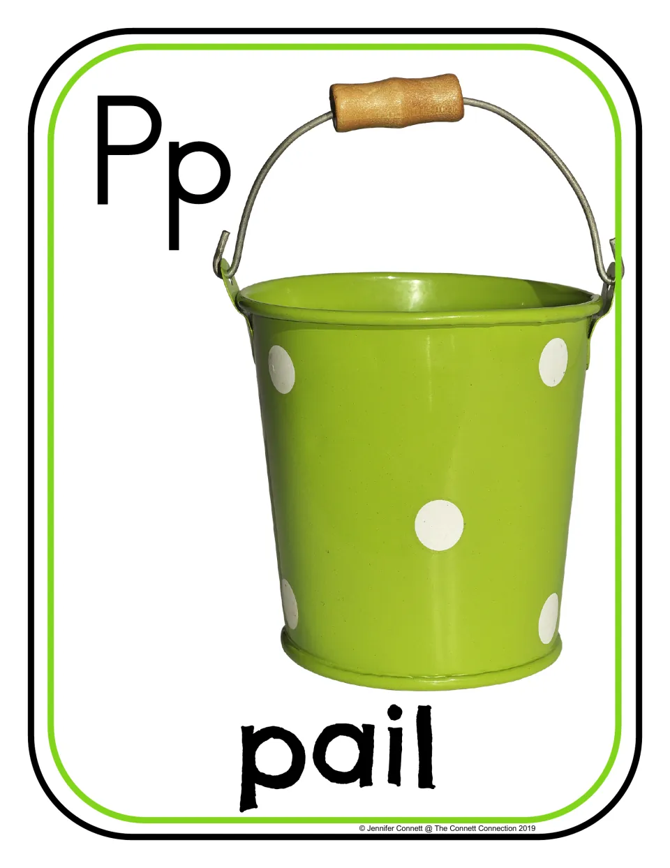 Letter P photo poster/card showing uppercase P, lowercase p, and a green pail labeled 'pail' for phonics practice