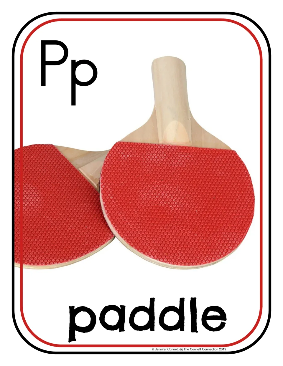 Letter P photo poster/card showing uppercase P, lowercase p, and table tennis paddles labeled 'paddle'