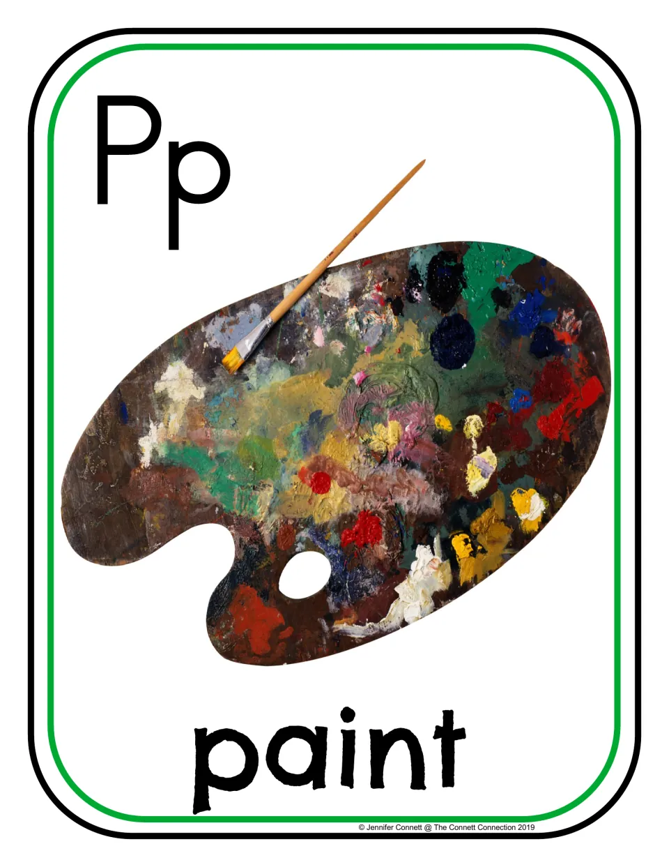Letter P photo poster/card showing uppercase P, lowercase p, and a palette with a paintbrush labeled 'paint'