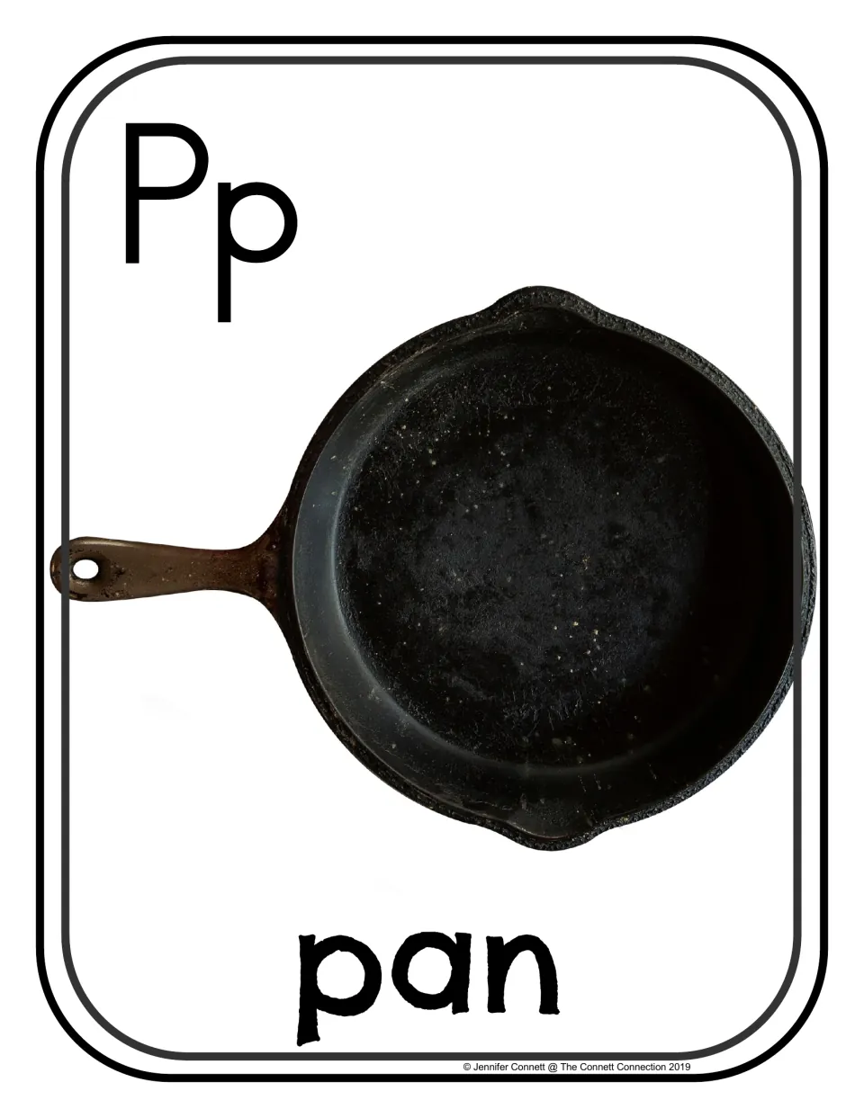 Letter P photo poster/card showing uppercase P, lowercase p, and a frying pan labeled 'pan' for phonics practice