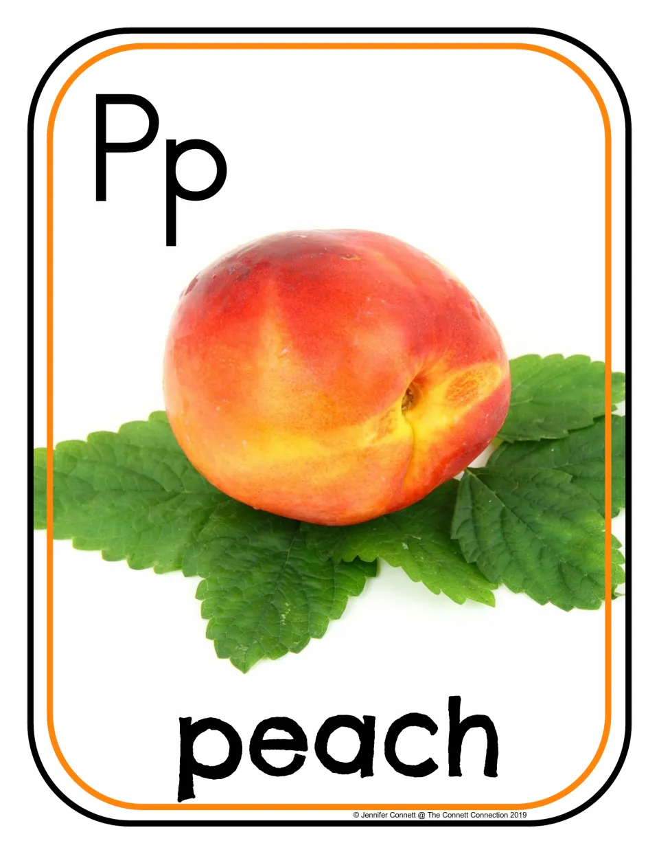 Letter P photo poster/card showing uppercase P, lowercase p, and a peach labeled 'peach' for phonics practice