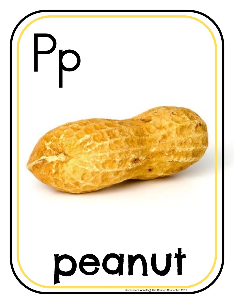 Letter P photo poster/card showing uppercase P, lowercase p, and a peanut in its shell labeled 'peanut'