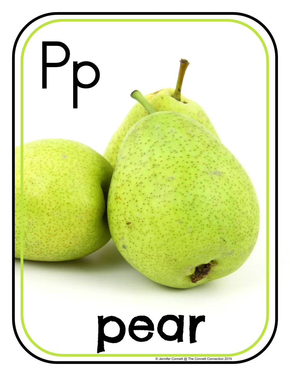 Letter P photo poster/card showing uppercase P, lowercase p, and green pears labeled 'pear' for phonics practice