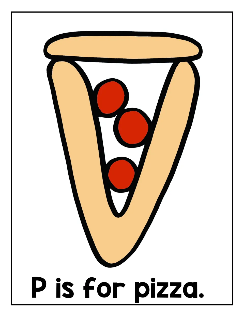 P is for pizza mat: students press playdough onto the crust of a pizza slice outline topped with three red pepperoni