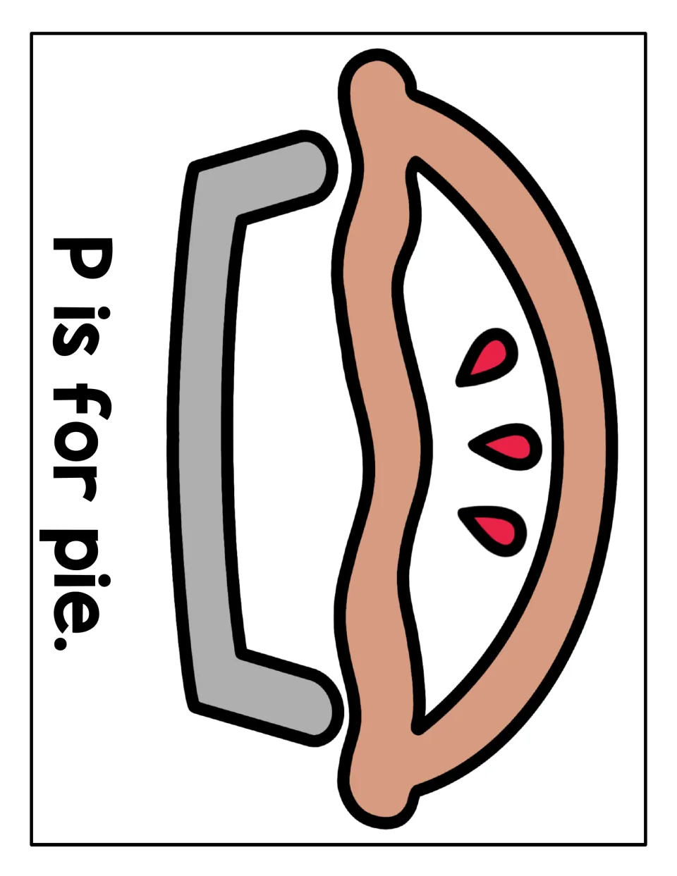 P is for pie mat, printed sideways: students roll playdough to form a pie crust over a gray dish with red fruit filling