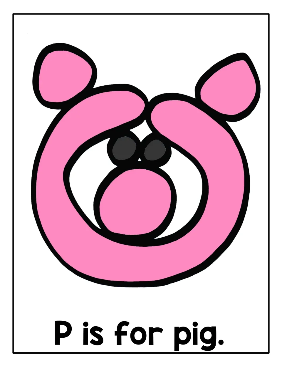 P is for pig mat: students roll pink playdough to outline a round pig face with pointed ears, a snout and dark eyes