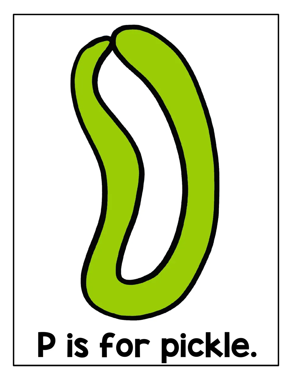 P is for pickle mat: students press green playdough along the curved outline of a single pickle