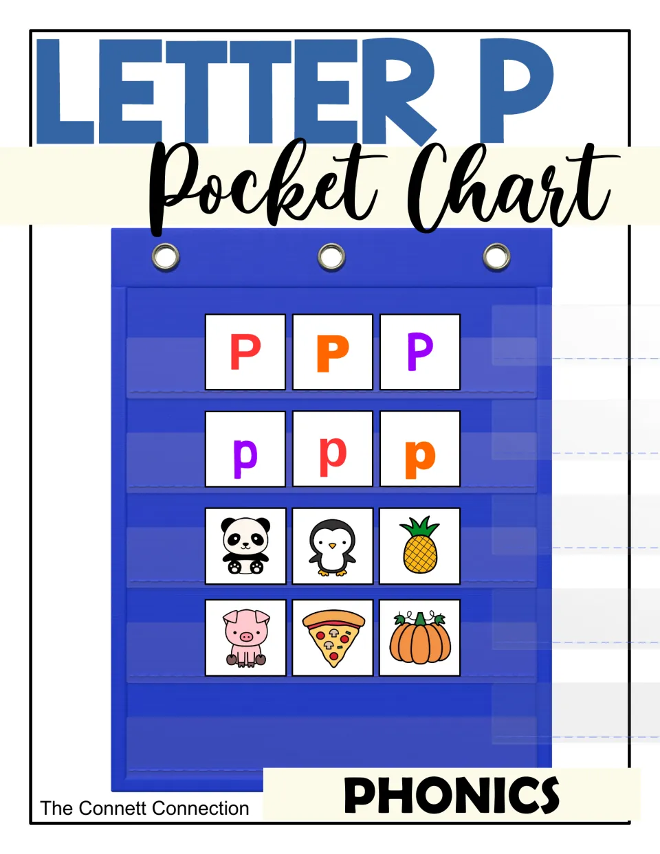 Letter P pocket chart phonics cover: uppercase P and lowercase p cards with panda, penguin, pig and pizza picture cards