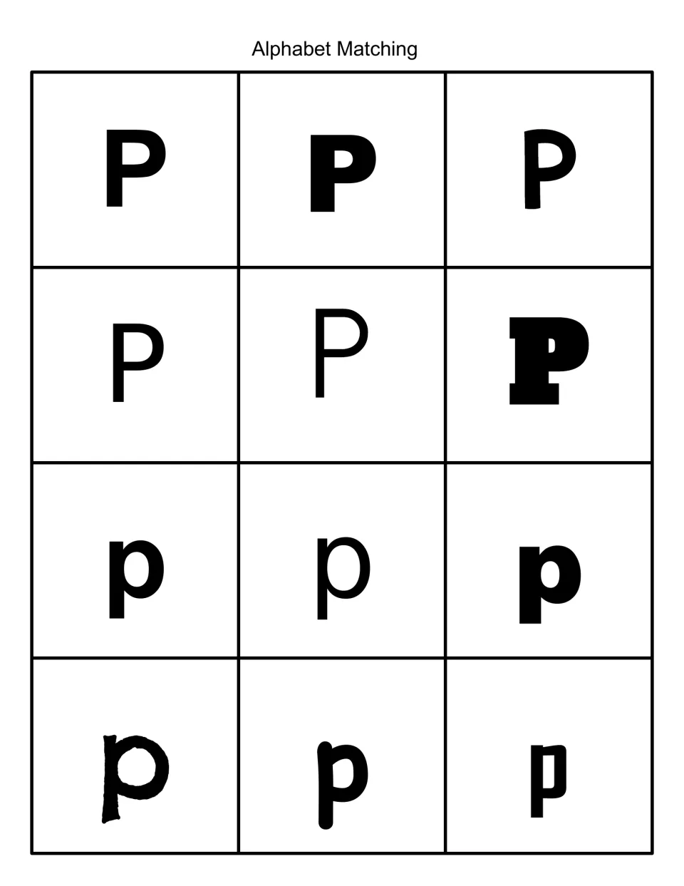 Alphabet Matching: 12 black-and-white cards showing uppercase P and lowercase p in different fonts for letter recognition