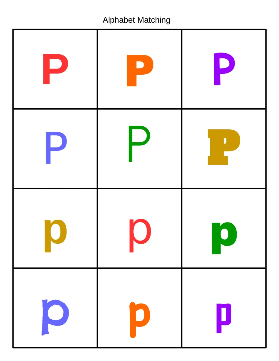 Alphabet Matching: 12 colorful cards with uppercase P and lowercase p in varied fonts to sort capital and small letters