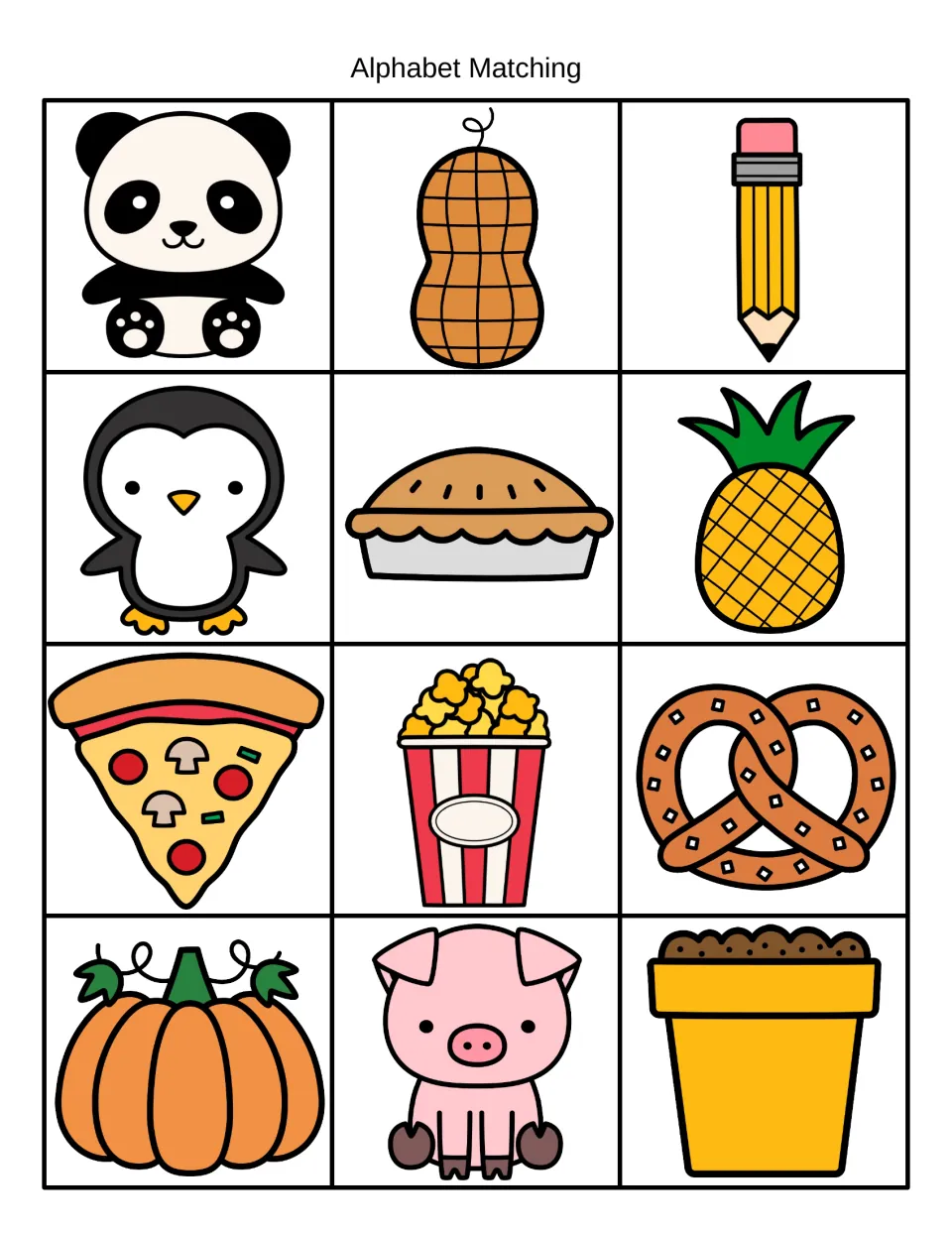 Alphabet Matching: 12 /p/ picture cards including panda, peanut, pencil, penguin, pie, pineapple, pretzel, pumpkin and pig