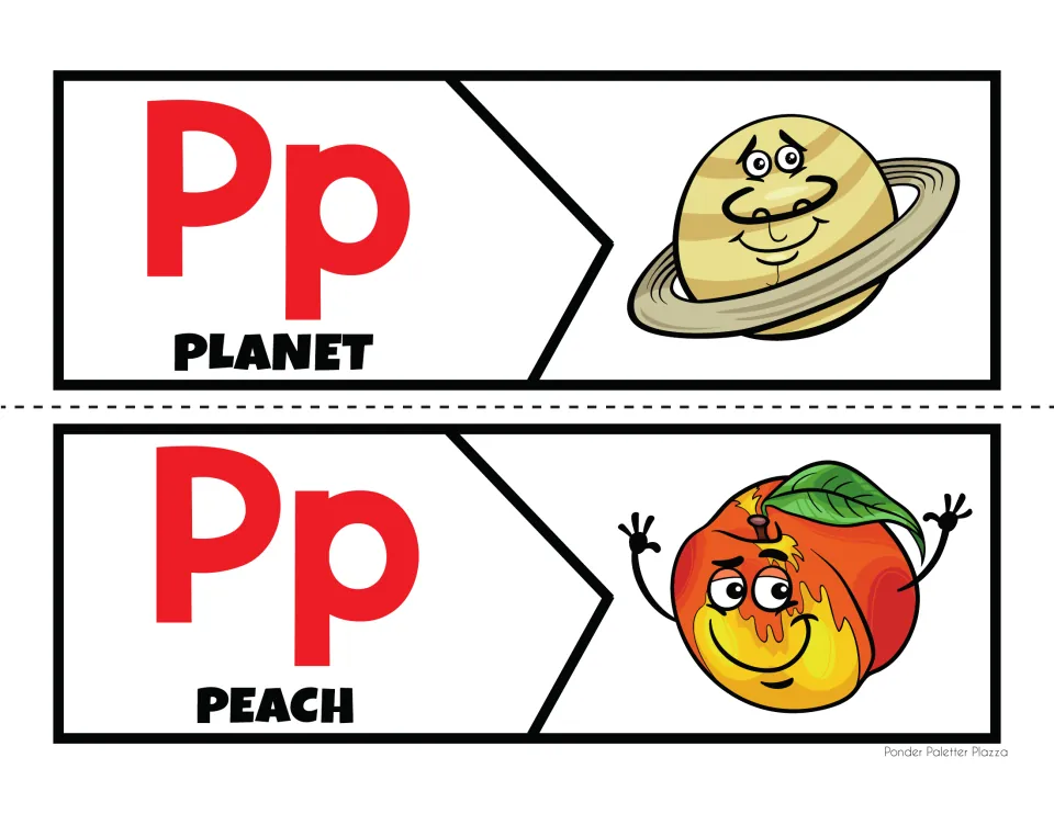Letter P beginning sound puzzles: students cut and match Pp halves to pictures of a planet and a peach