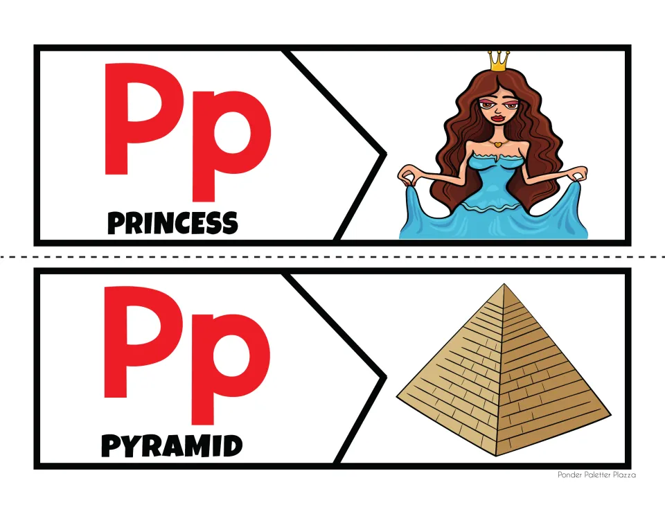 Two-piece P sound puzzles: students join Pp word halves for PRINCESS and PYRAMID to their matching pictures