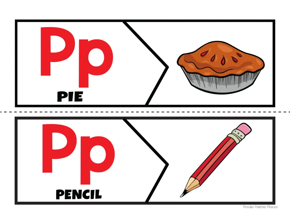 Initial /p/ sound matching: students fit Pp letter halves labeled PIE and PENCIL to a pie and a pencil picture