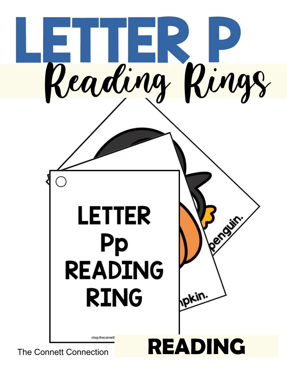 Letter P Reading Rings cover: fanned picture cards with a Letter Pp title card, a pumpkin card and a penguin card