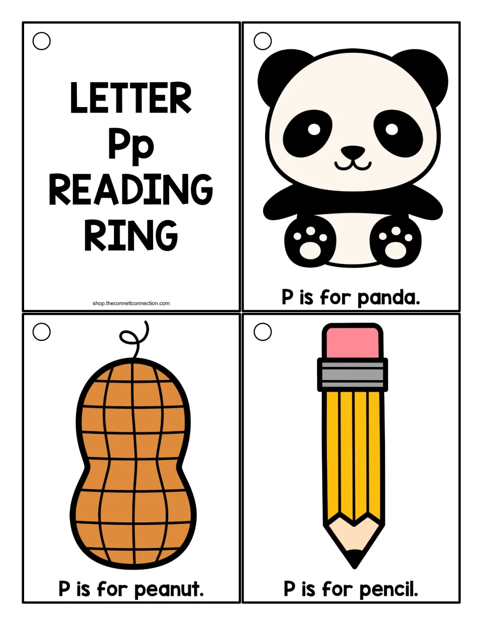 Letter Pp ring cards in color: a title card plus picture cards reading P is for panda, P is for peanut, P is for pencil