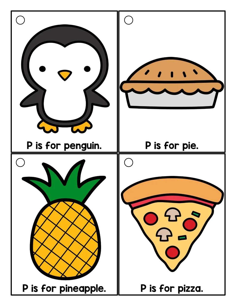 Color P picture cards for reading simple sentences: P is for penguin, P is for pie, P is for pineapple, P is for pizza