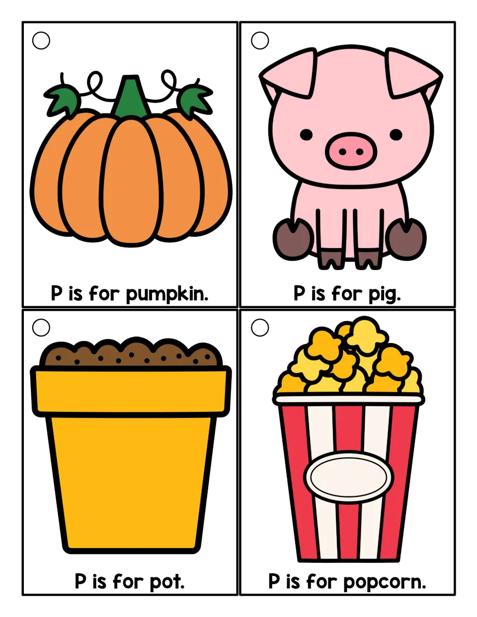 Color P beginning-sound cards to read: P is for pumpkin, P is for pig, P is for pot and P is for popcorn