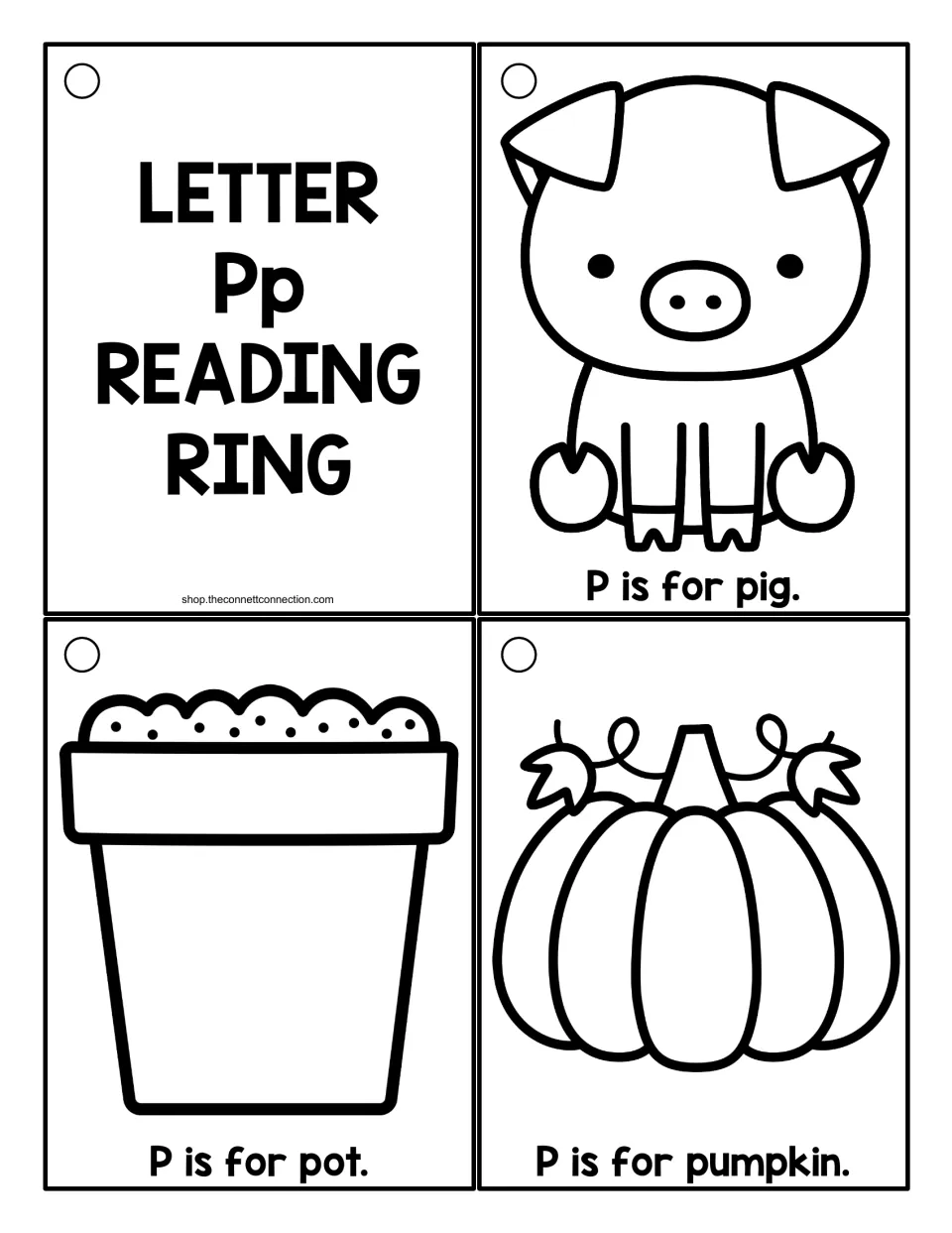 Black-and-white Pp cards to color: a title card and outlines labeled P is for pig, P is for pot, P is for pumpkin
