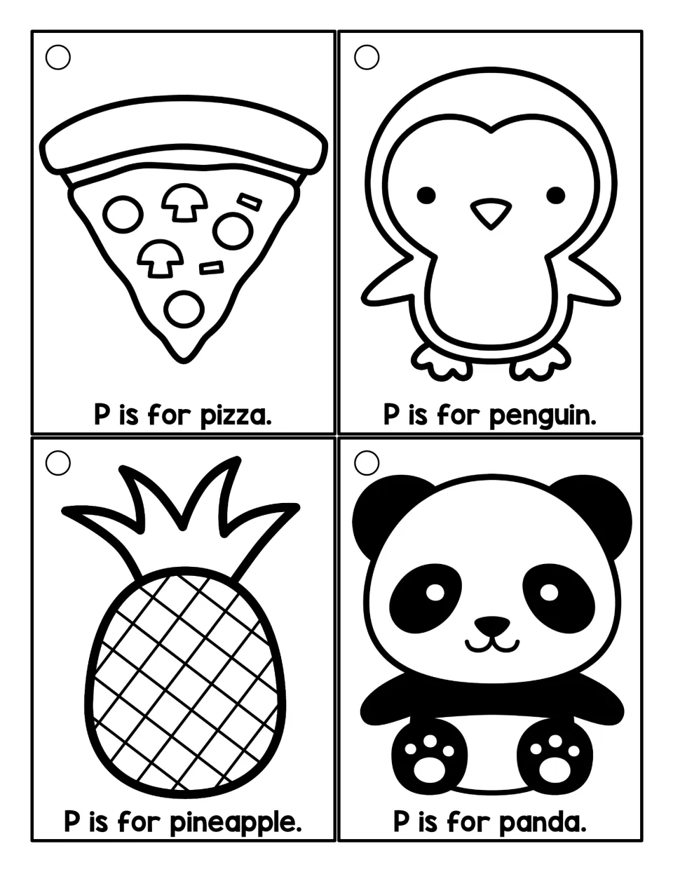 Outline P cards for coloring and reading: P is for pizza, P is for penguin, P is for pineapple and P is for panda