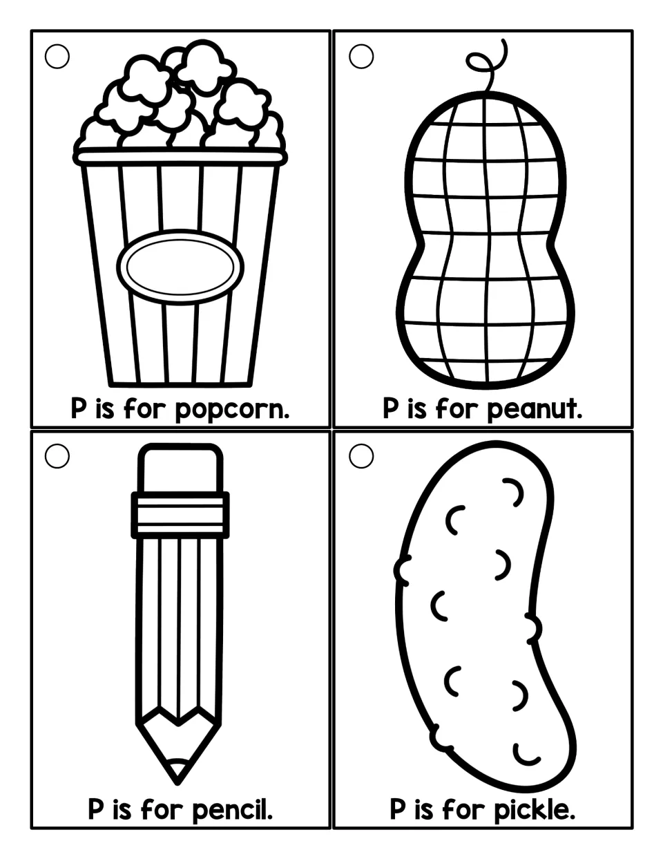 Black-line P sentence cards for coloring: P is for popcorn, P is for peanut, P is for pencil, plus a pickle card