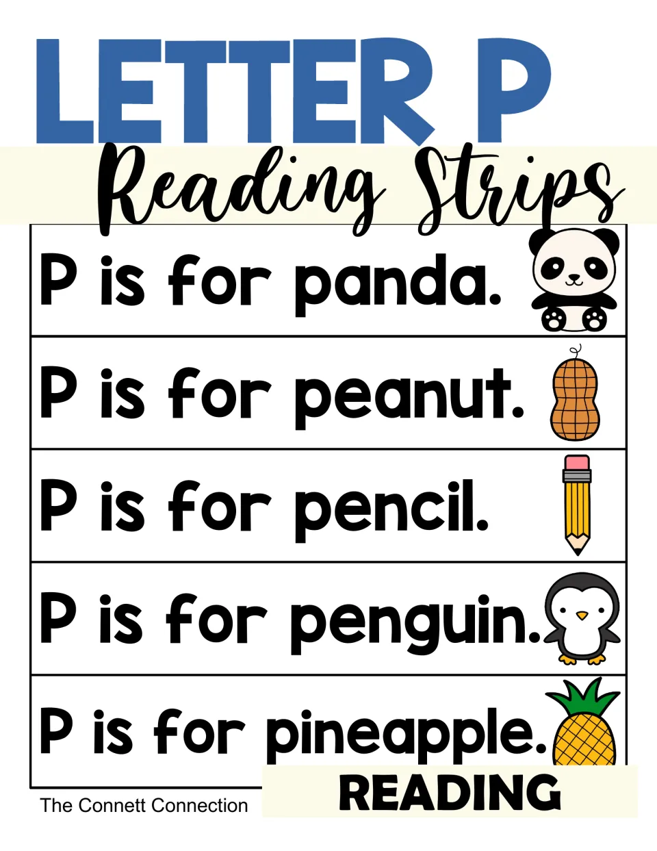 Letter P Reading Strips cover showing five P sentences, from P is for panda to P is for pineapple, each with a picture
