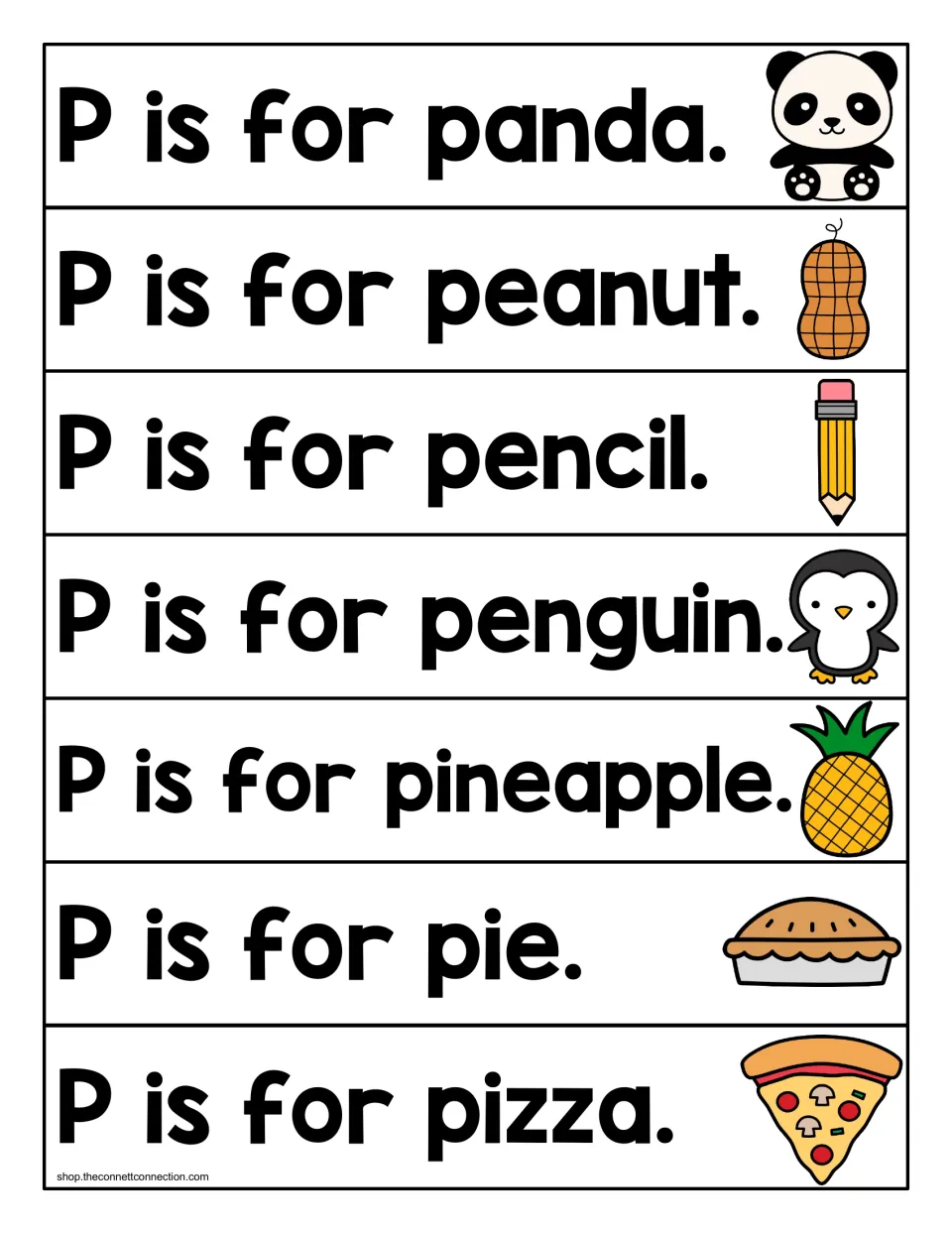Letter P sentences: students read seven strips such as P is for panda, pie and pizza, using a matching picture as a clue