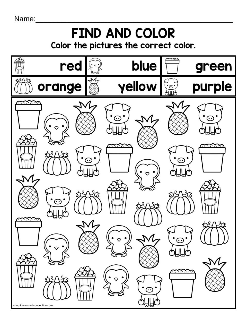 Find and Color worksheet: match popcorn, penguins, pots, pumpkins, pineapples, and pigs to six color words