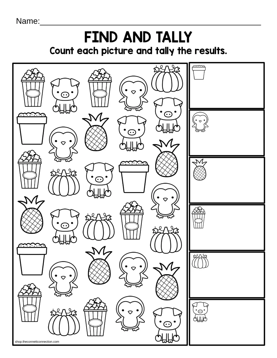 Find and Tally worksheet: count pots, penguins, pineapples, popcorn, pumpkins, and pigs and record tallies
