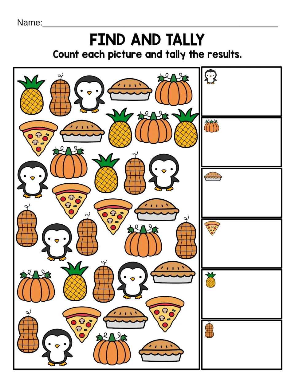 Find and Tally worksheet: count colored penguins, pumpkins, pies, pizza slices, pineapples, and peanuts